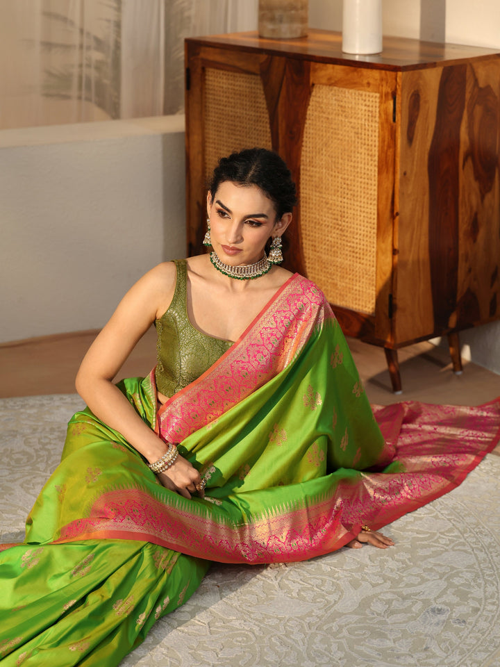 Libas Lime Green Kanjeevaram Silk Blend Saree