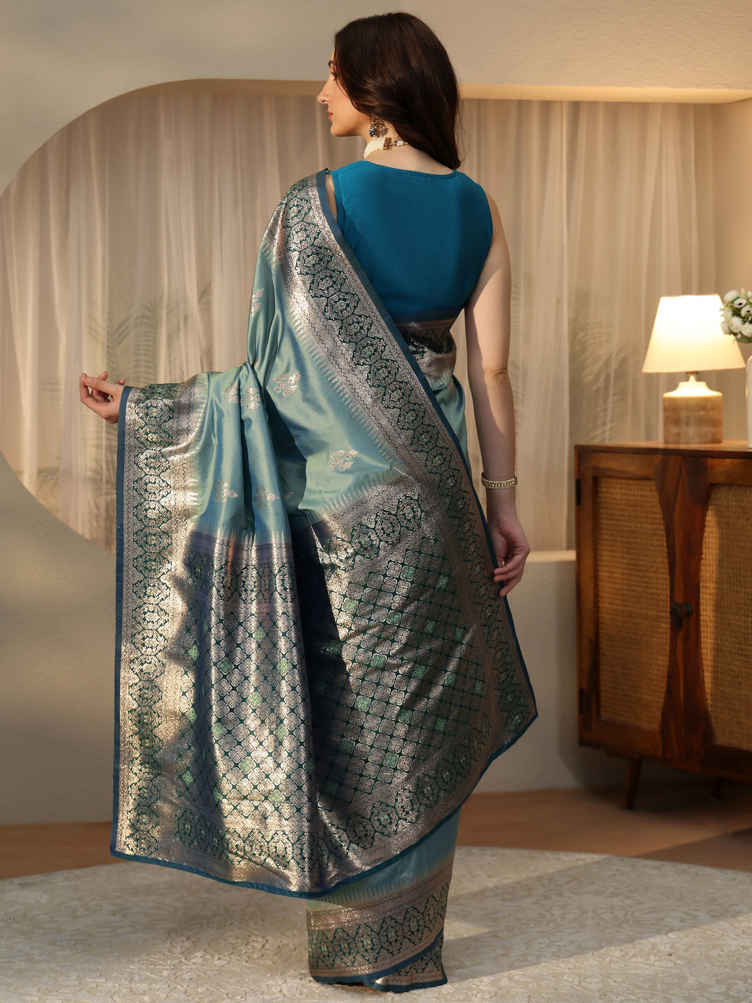 Libas Dusty Blue Kanjeevaram Silk Blend Saree