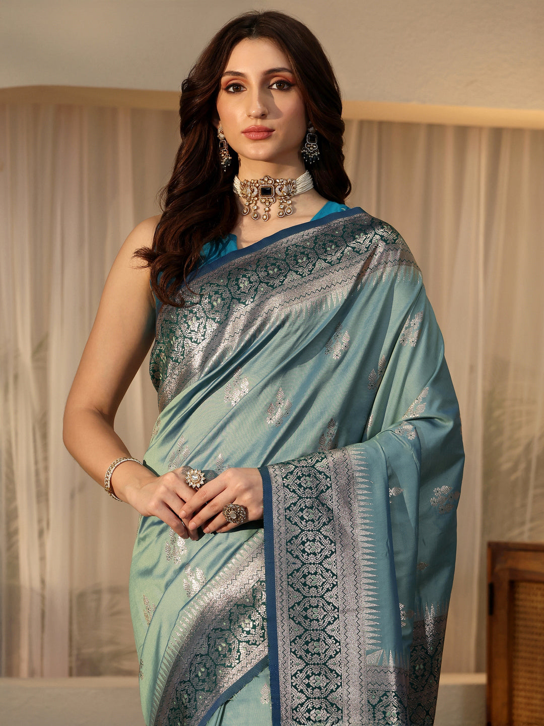 Libas Dusty Blue Kanjeevaram Silk Blend Saree
