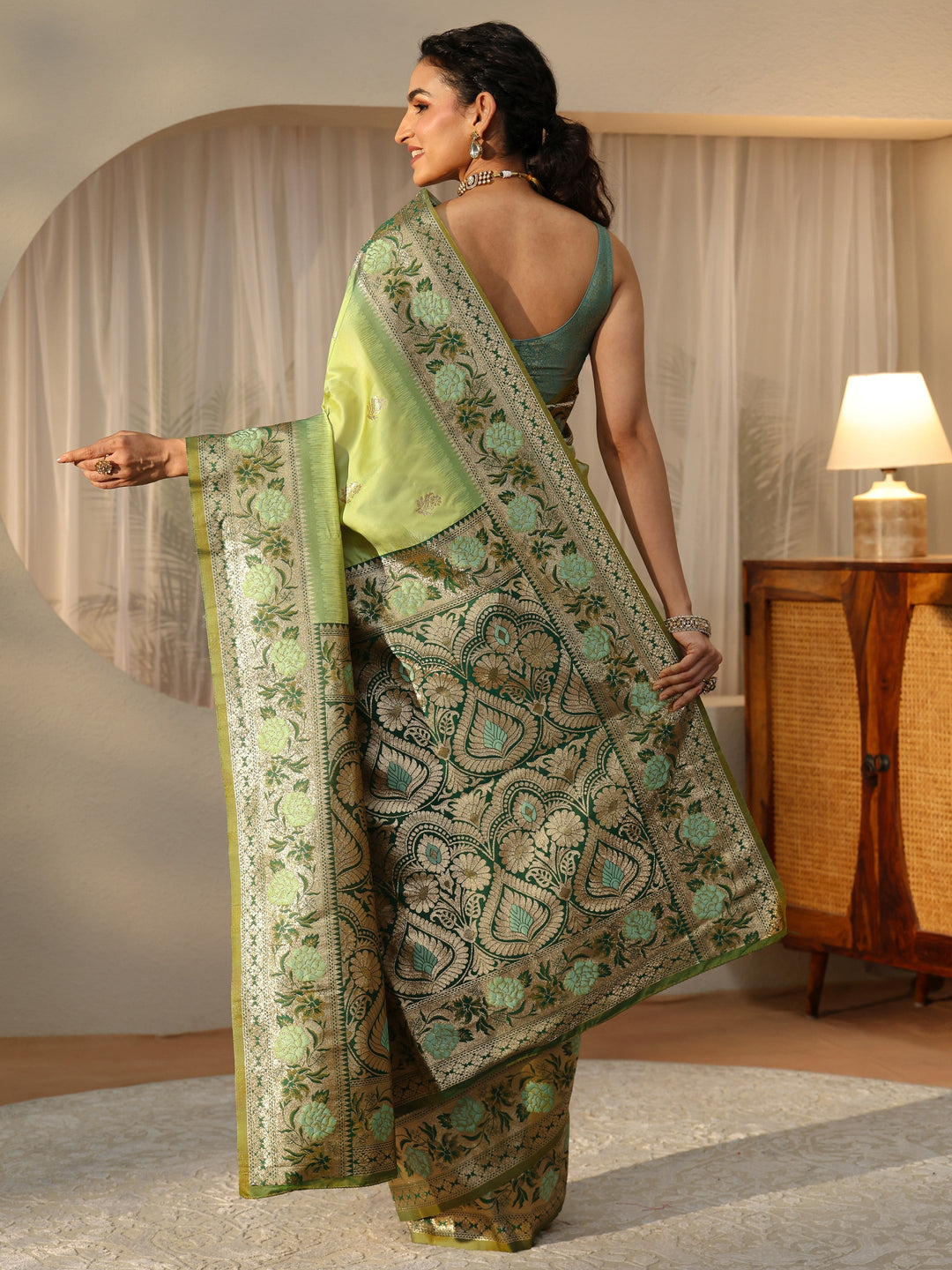 Libas Pista Green Banarasi Silk Blend Saree