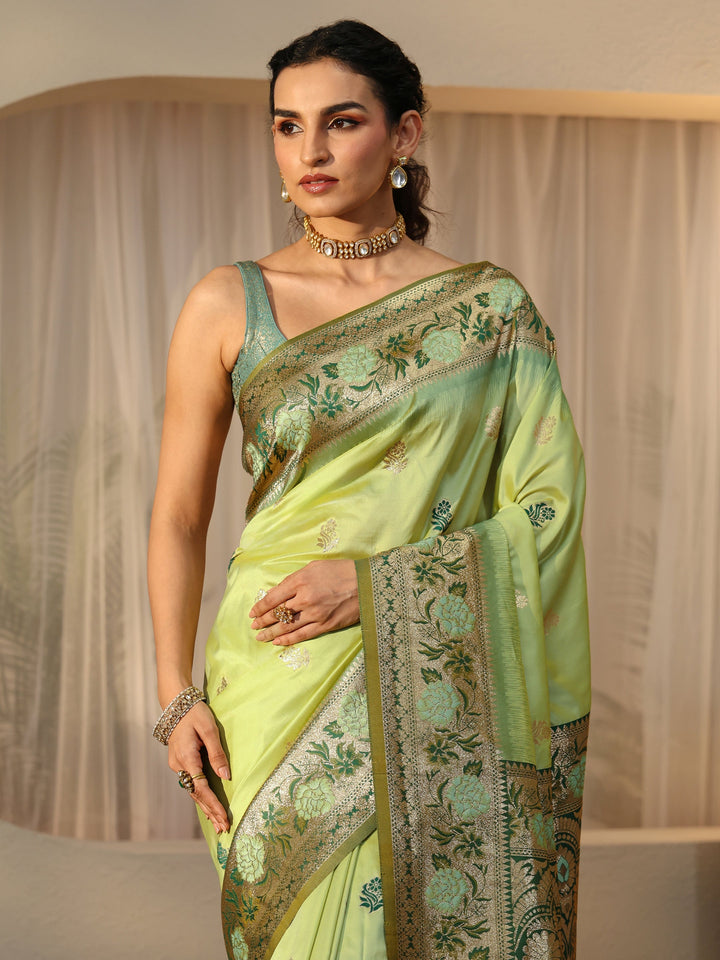 Libas Pista Green Banarasi Silk Blend Saree
