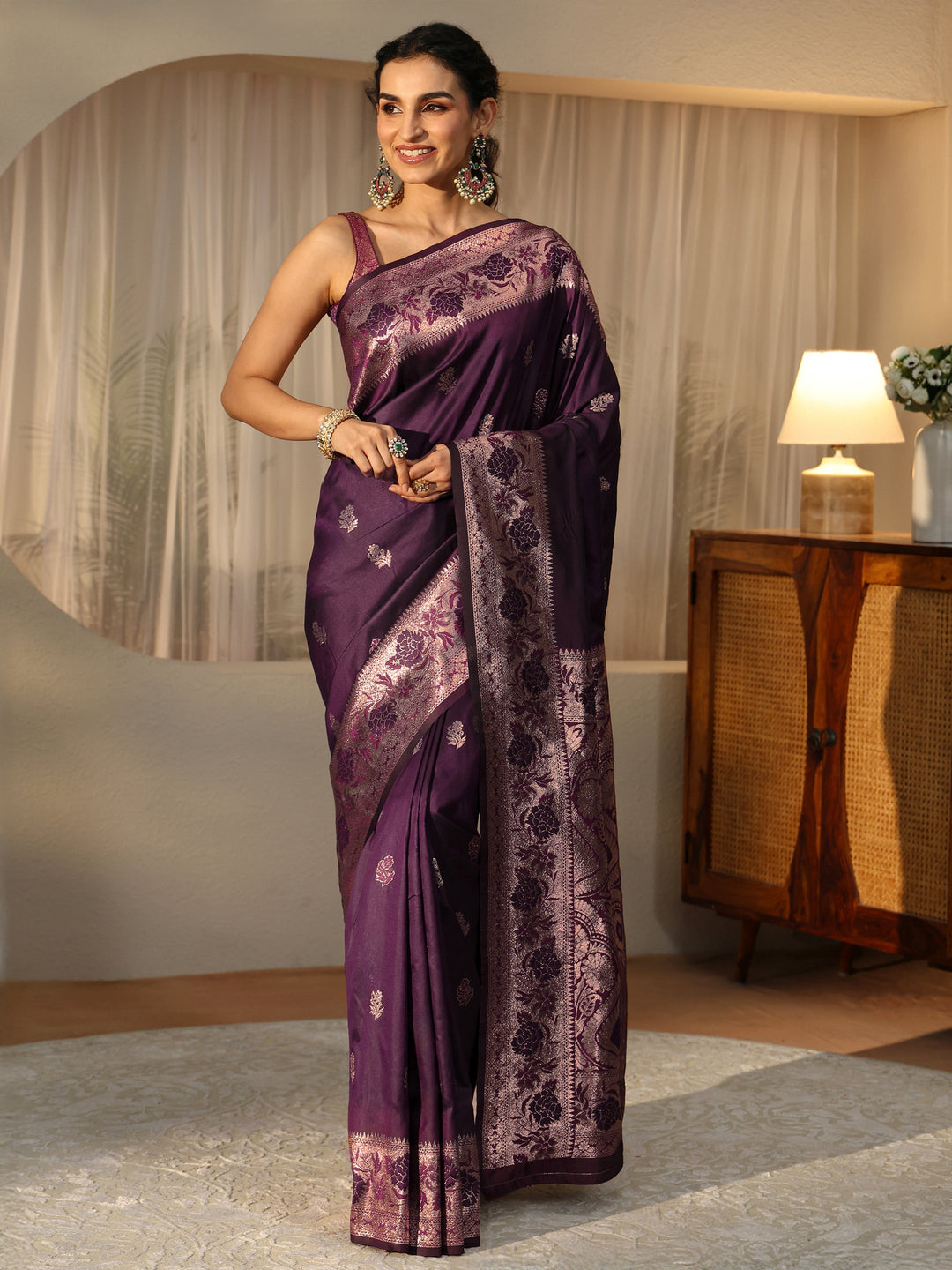 Libas Burgundy Banarasi Silk Blend Saree