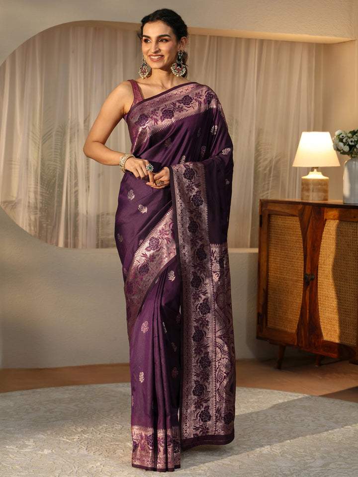 Libas Burgundy Banarasi Silk Blend Saree