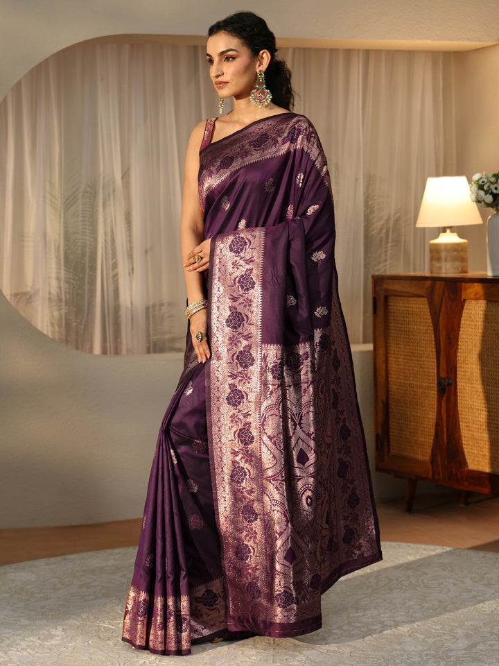 Libas Burgundy Banarasi Silk Blend Saree