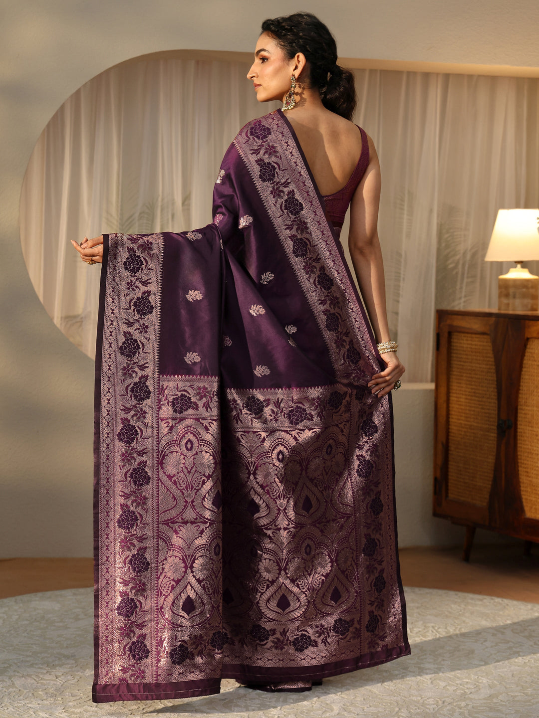 Libas Burgundy Banarasi Silk Blend Saree