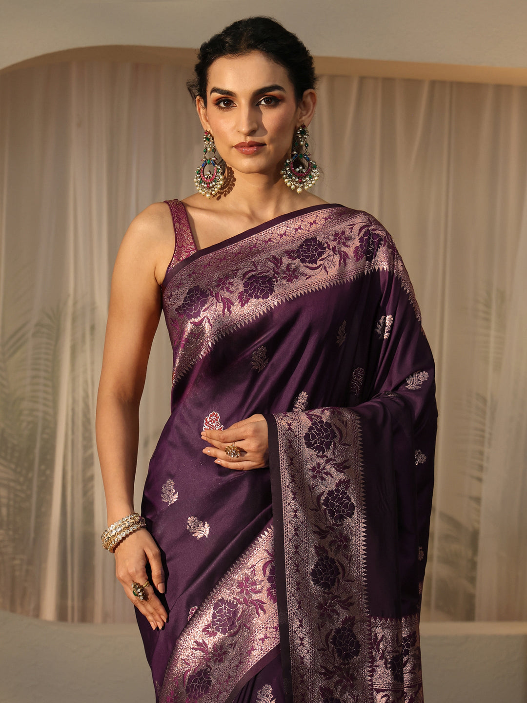 Libas Burgundy Banarasi Silk Blend Saree