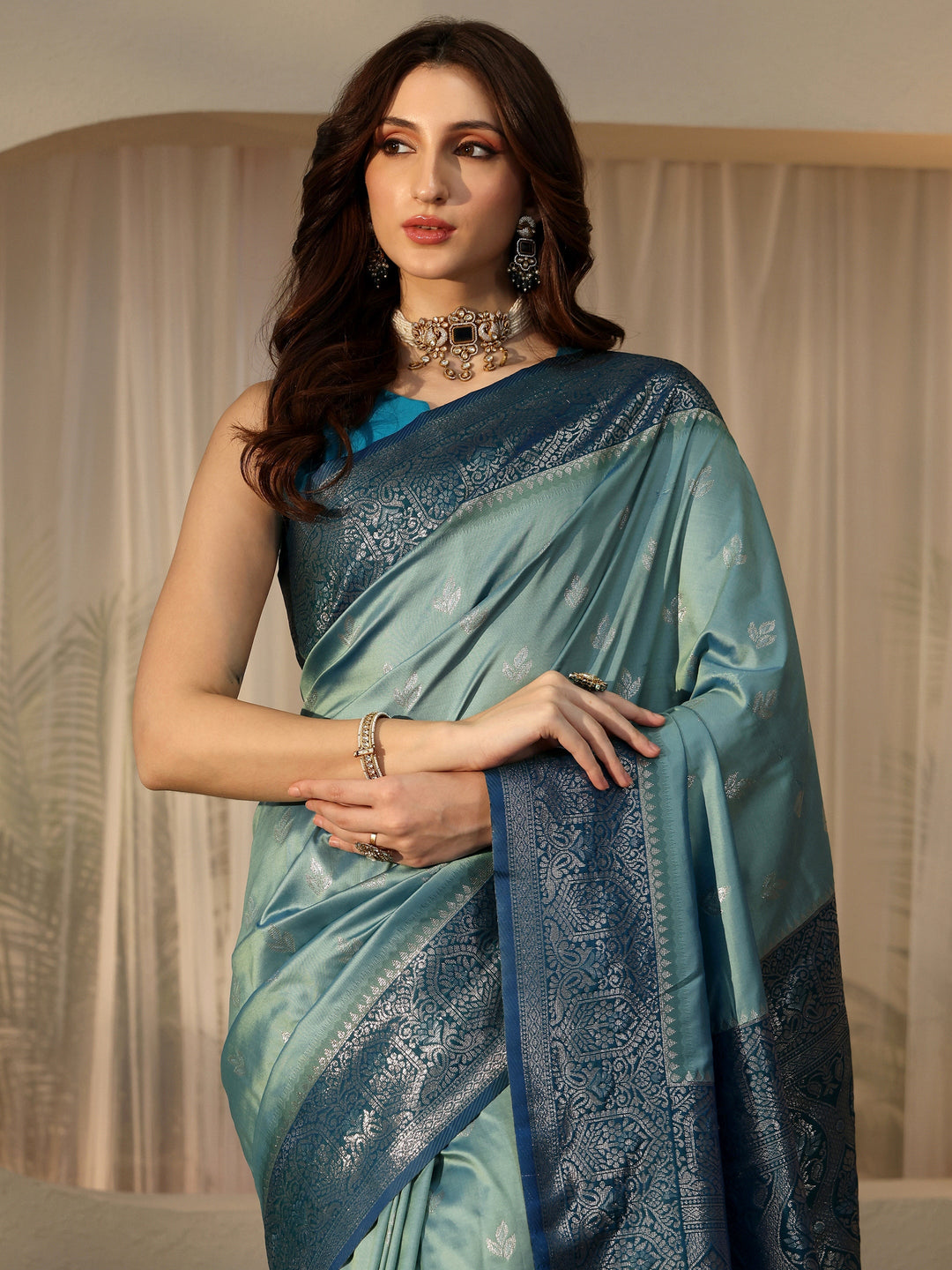 Libas Dusty Blue Banarasi Silk Blend Saree