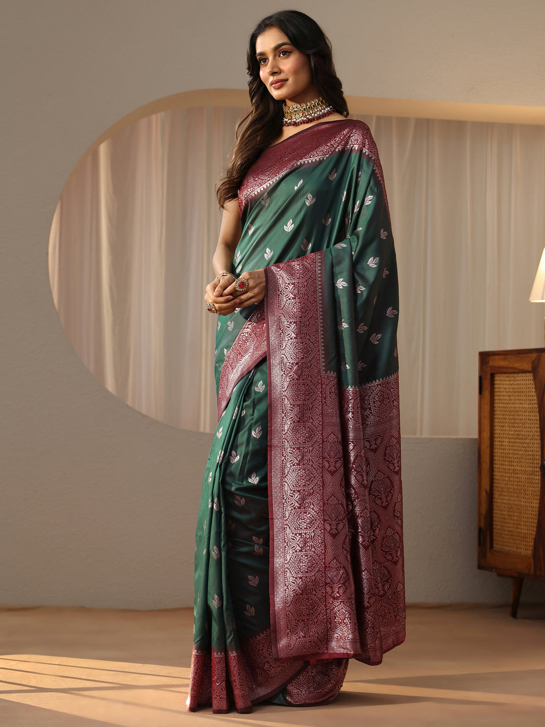Libas Bottle Green Banarasi Silk Blend Saree