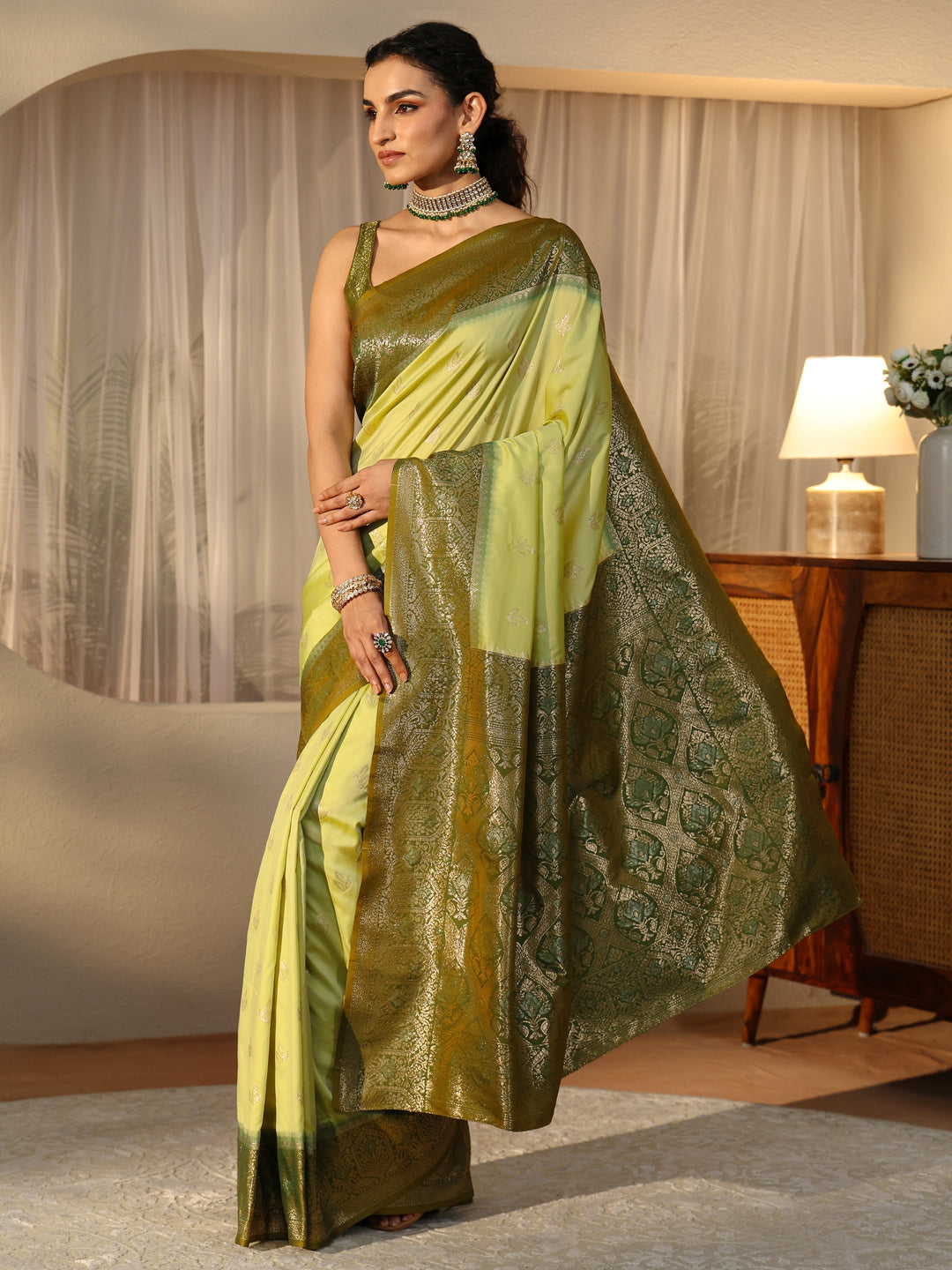 Libas Pista Green Banarasi Silk Blend Saree