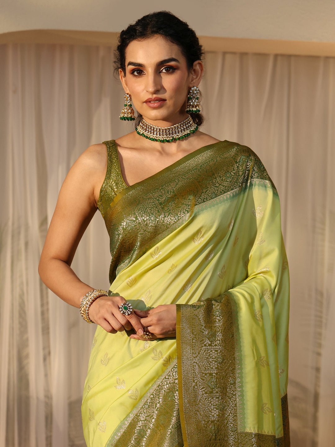 Libas Pista Green Banarasi Silk Blend Saree