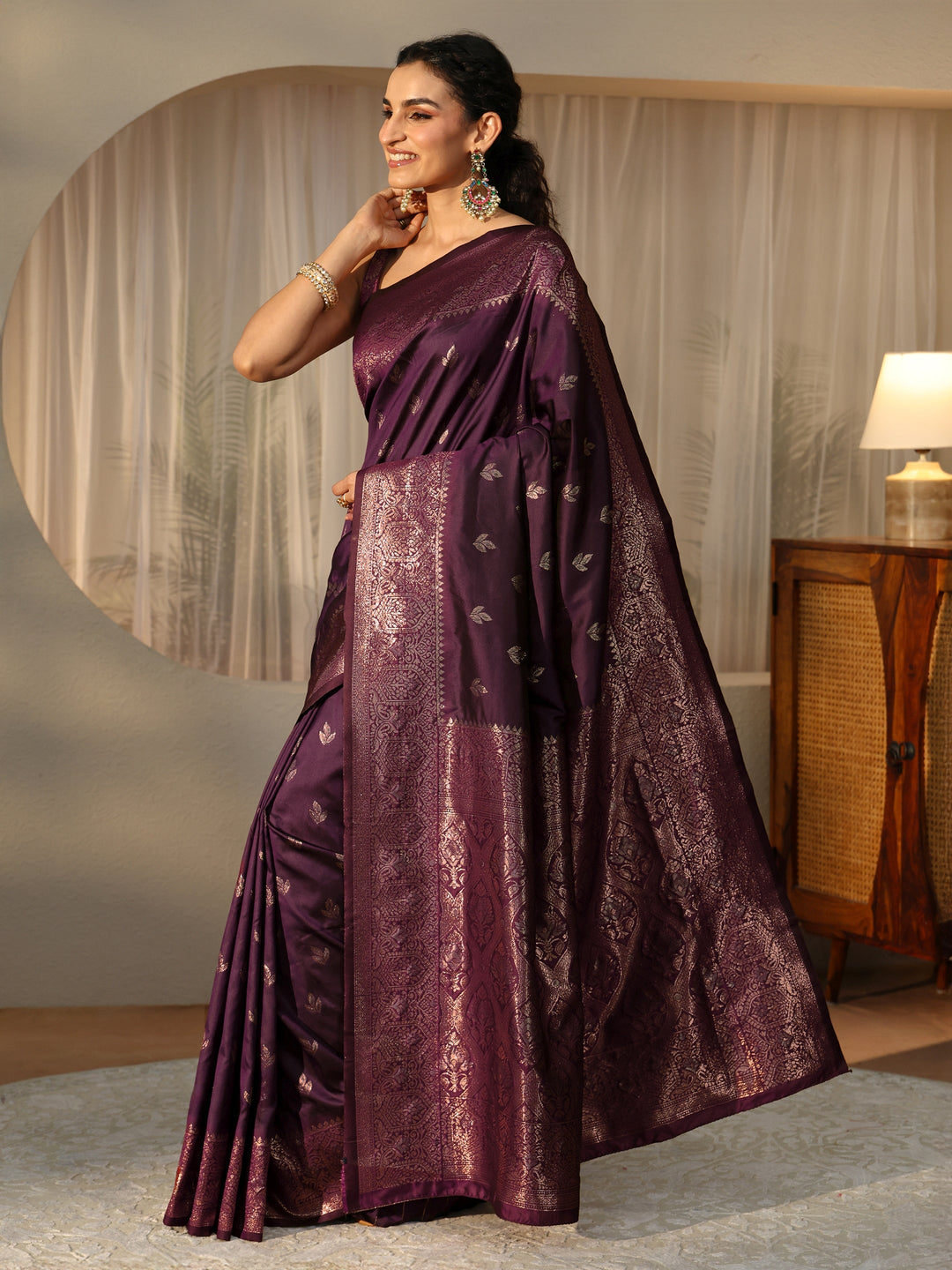 Libas Burgundy Banarasi Silk Blend Saree