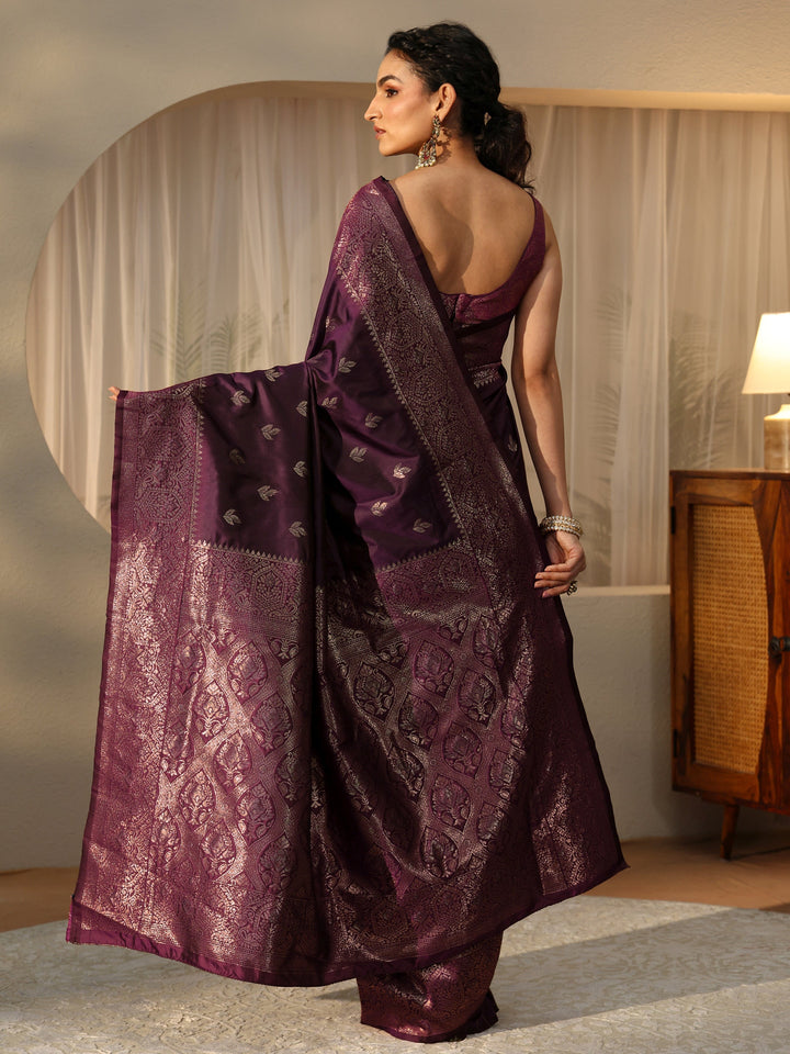 Libas Burgundy Banarasi Silk Blend Saree