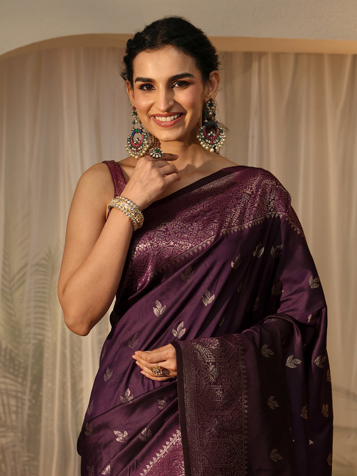 Libas Burgundy Banarasi Silk Blend Saree