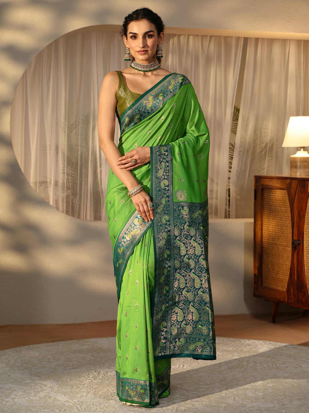 Libas Lime Green Banarasi Silk Blend Saree