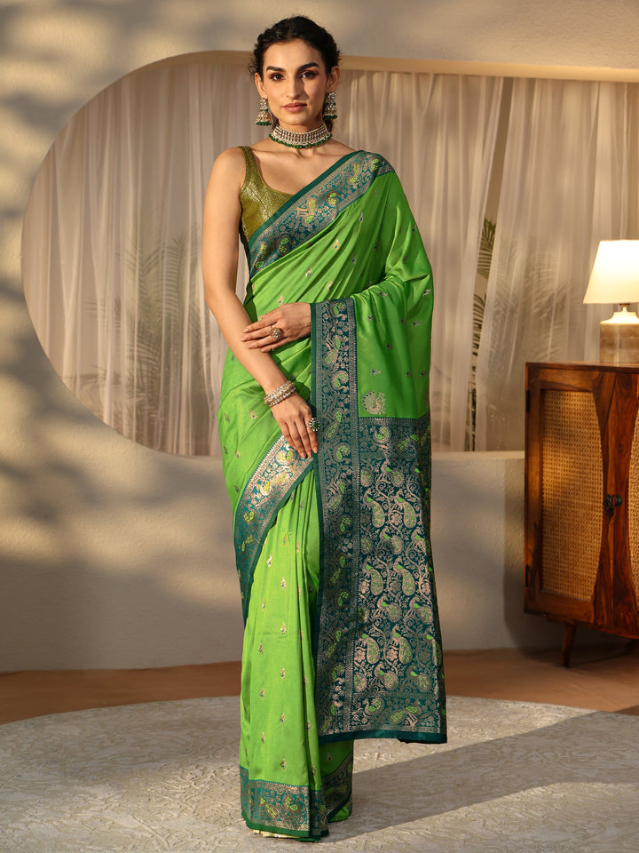 Libas Lime Green Banarasi Silk Blend Saree