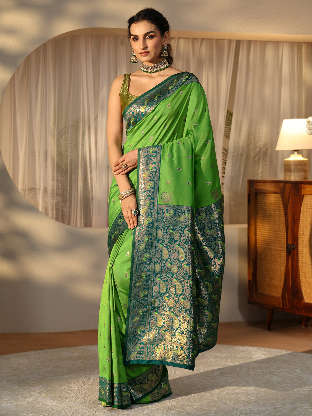 Libas Lime Green Banarasi Silk Blend Saree