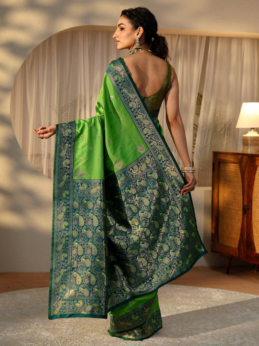 Libas Lime Green Banarasi Silk Blend Saree