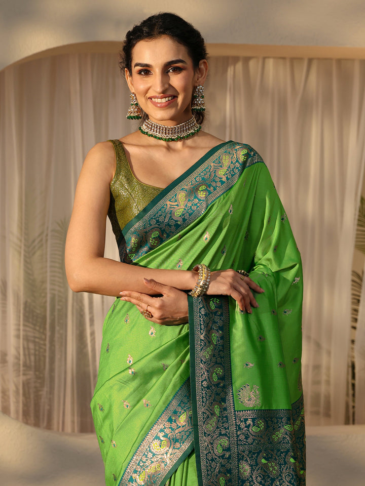 Libas Lime Green Banarasi Silk Blend Saree