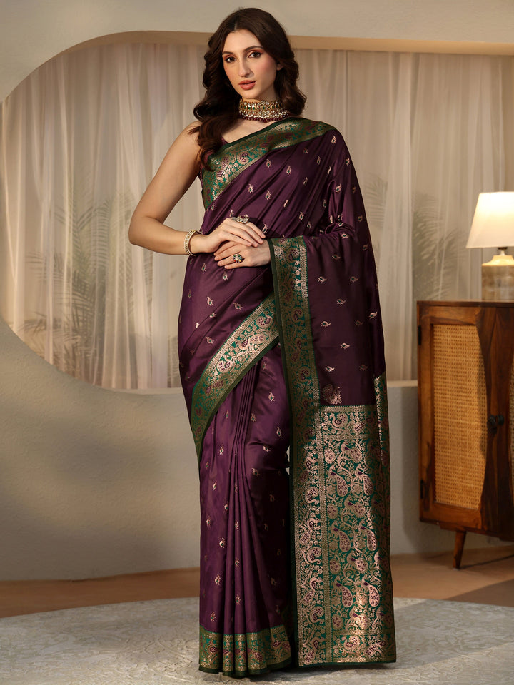Libas Burgundy Banarasi Silk Blend Saree