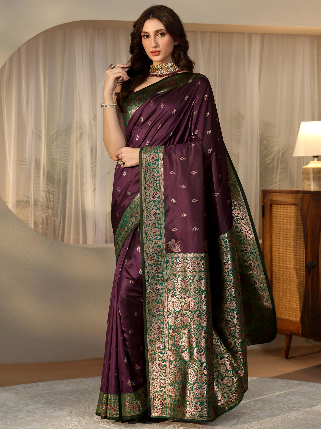 Libas Burgundy Banarasi Silk Blend Saree