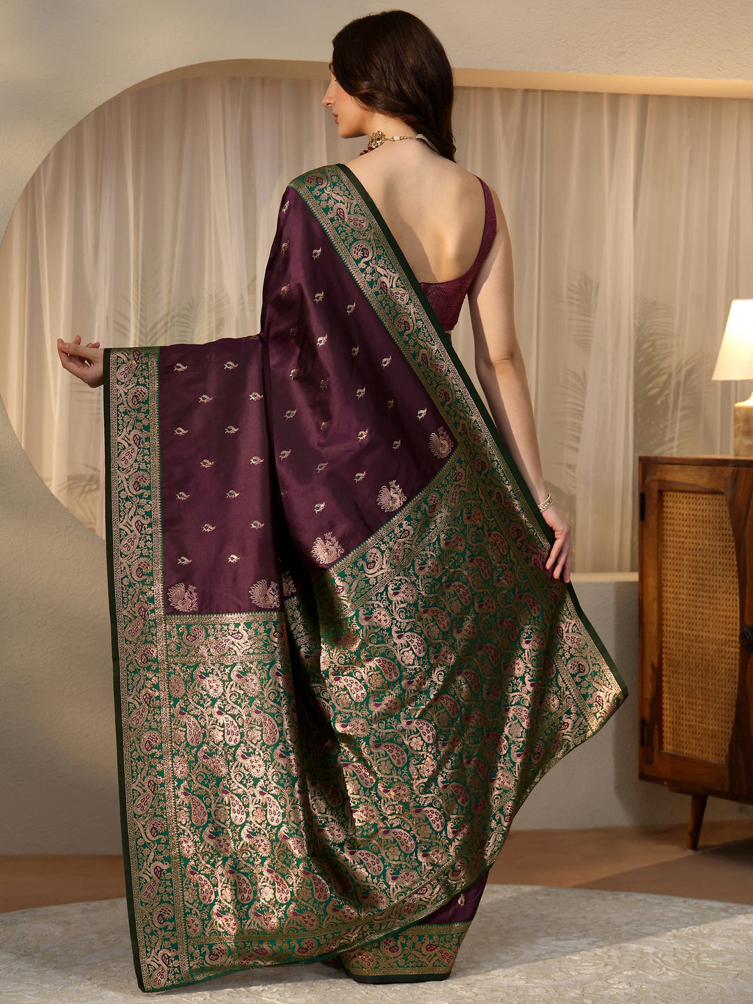 Libas Burgundy Banarasi Silk Blend Saree