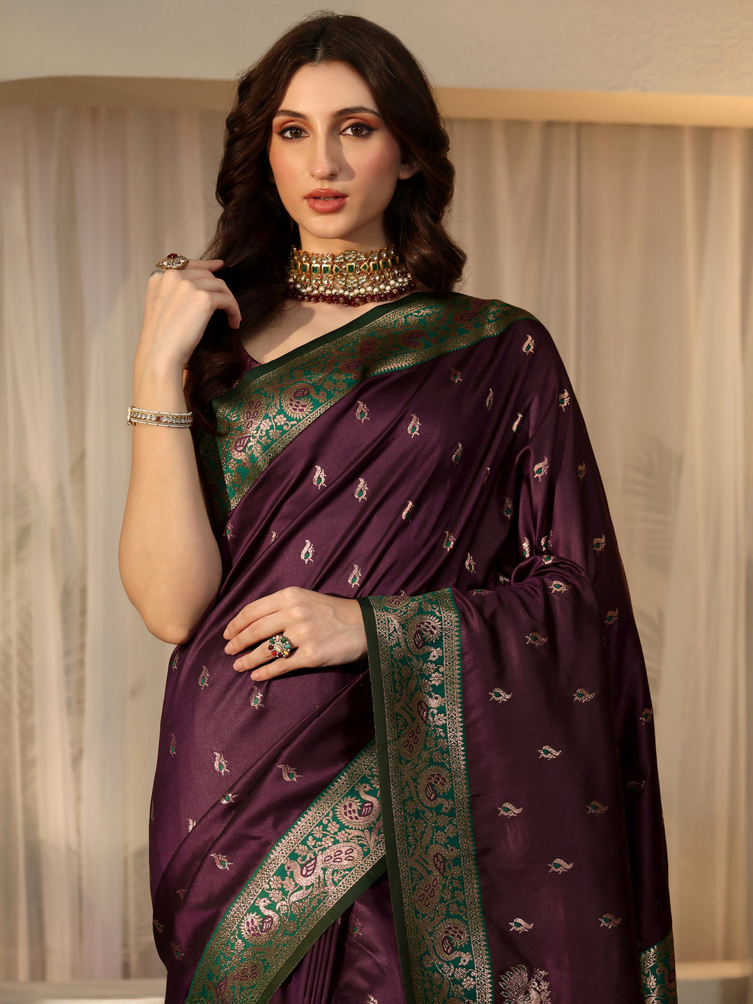 Libas Burgundy Banarasi Silk Blend Saree