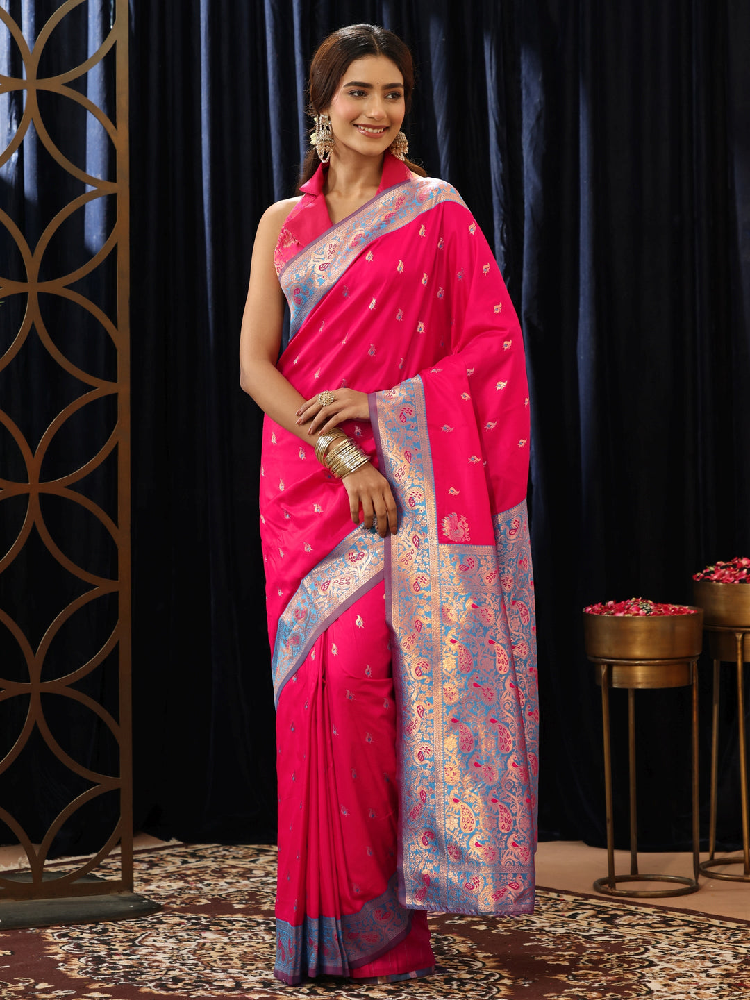 Libas Hot Pink Banarasi Silk Blend Saree