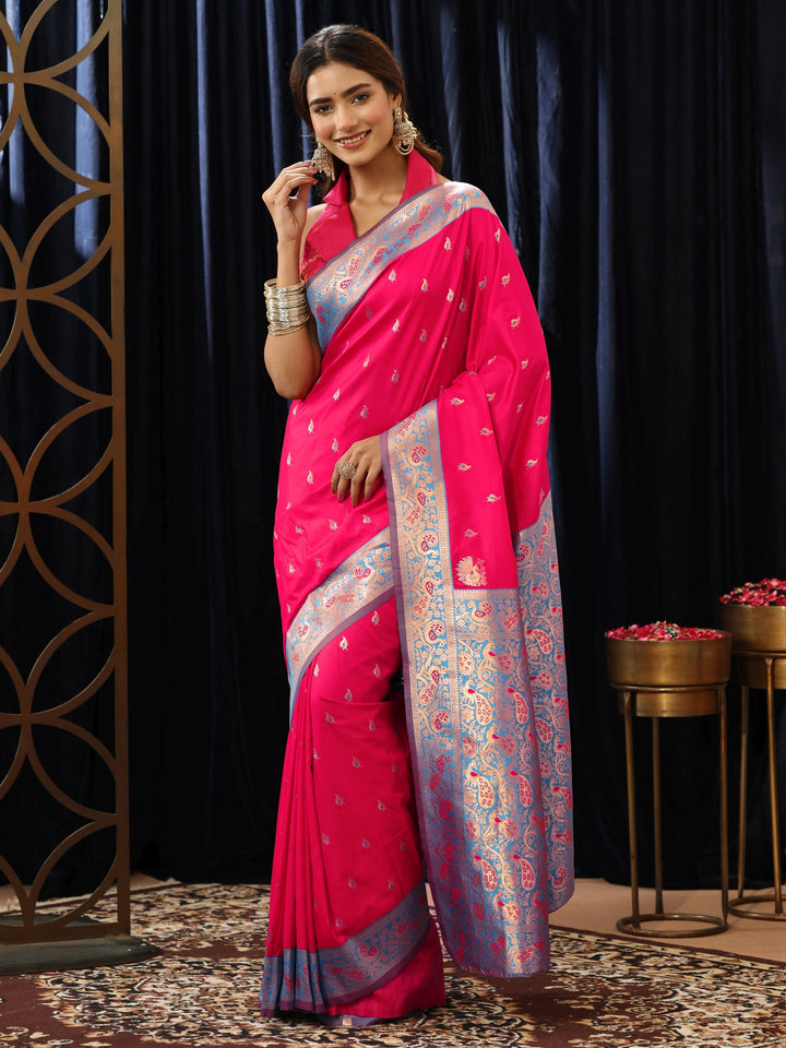 Libas Hot Pink Banarasi Silk Blend Saree