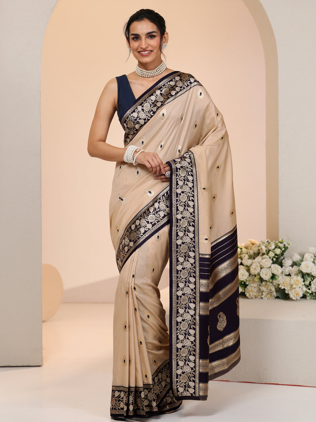 Libas Beige Woven Design Silk Blend Saree