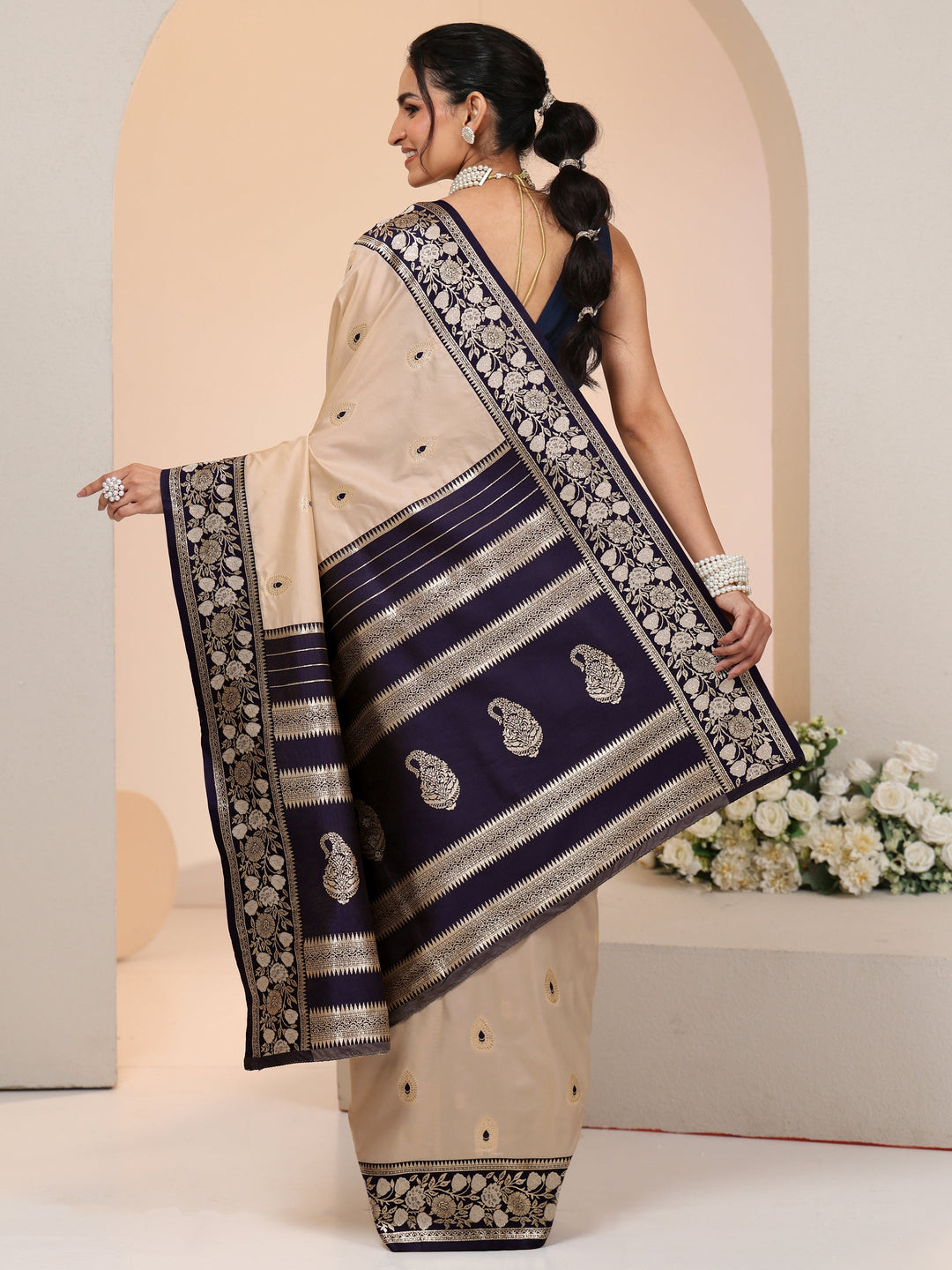 Libas Beige Woven Design Silk Blend Saree