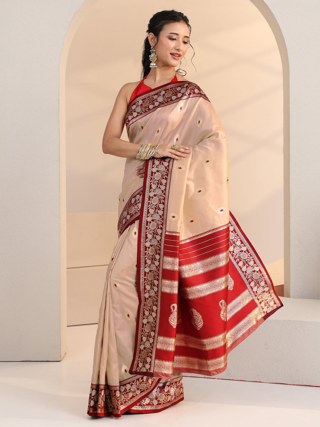 Libas Beige Woven Design Silk Blend Saree
