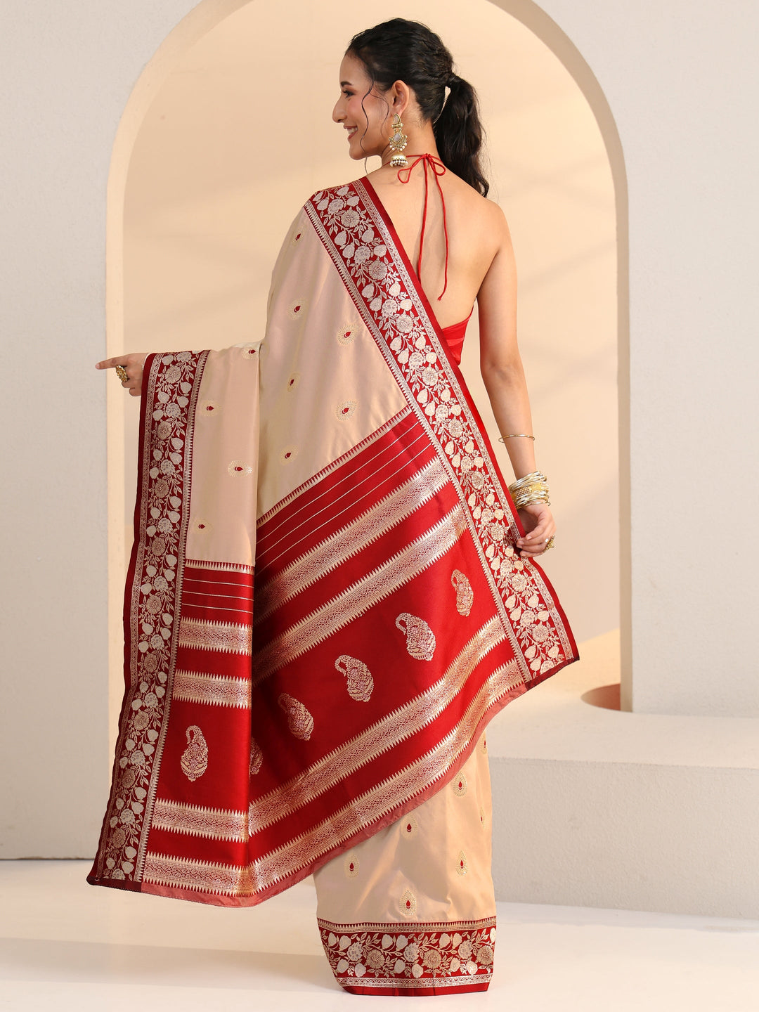 Libas Beige Woven Design Silk Blend Saree