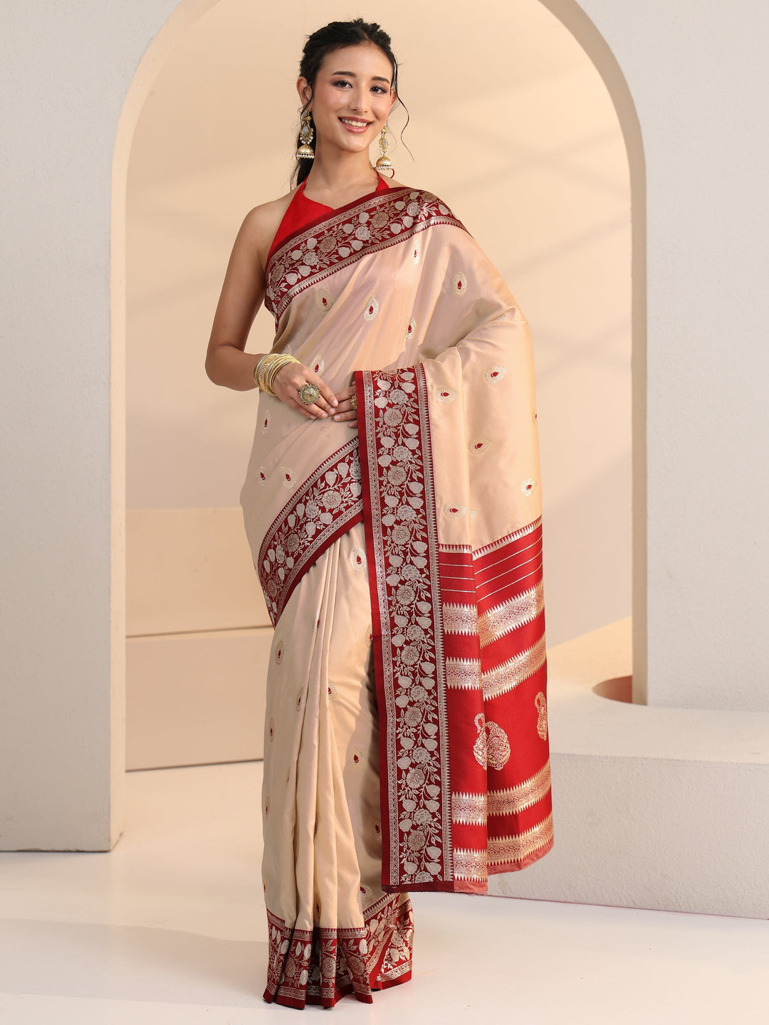 Libas Beige Woven Design Silk Blend Saree