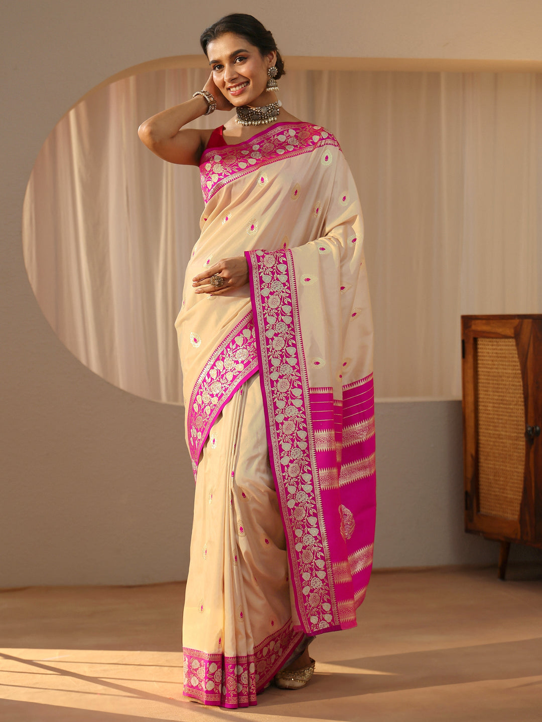 Libas Beige Kanjeevaram Silk Blend Saree