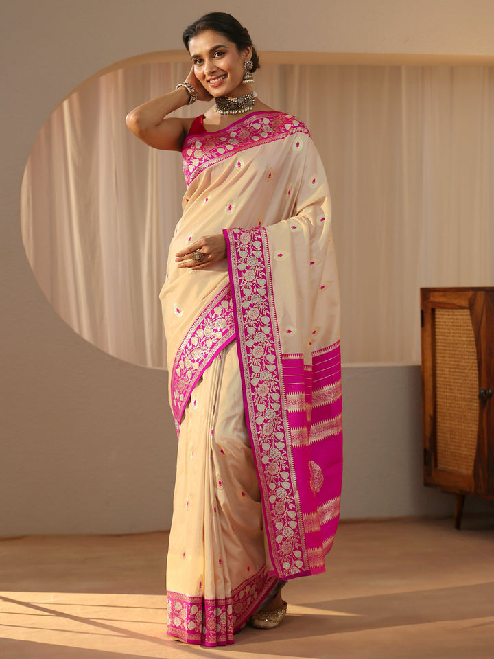 Libas Beige Kanjeevaram Silk Blend Saree