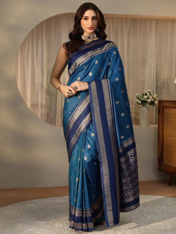 Libas Peacock Blue Ethnic Woven Design Silk Blend Saree