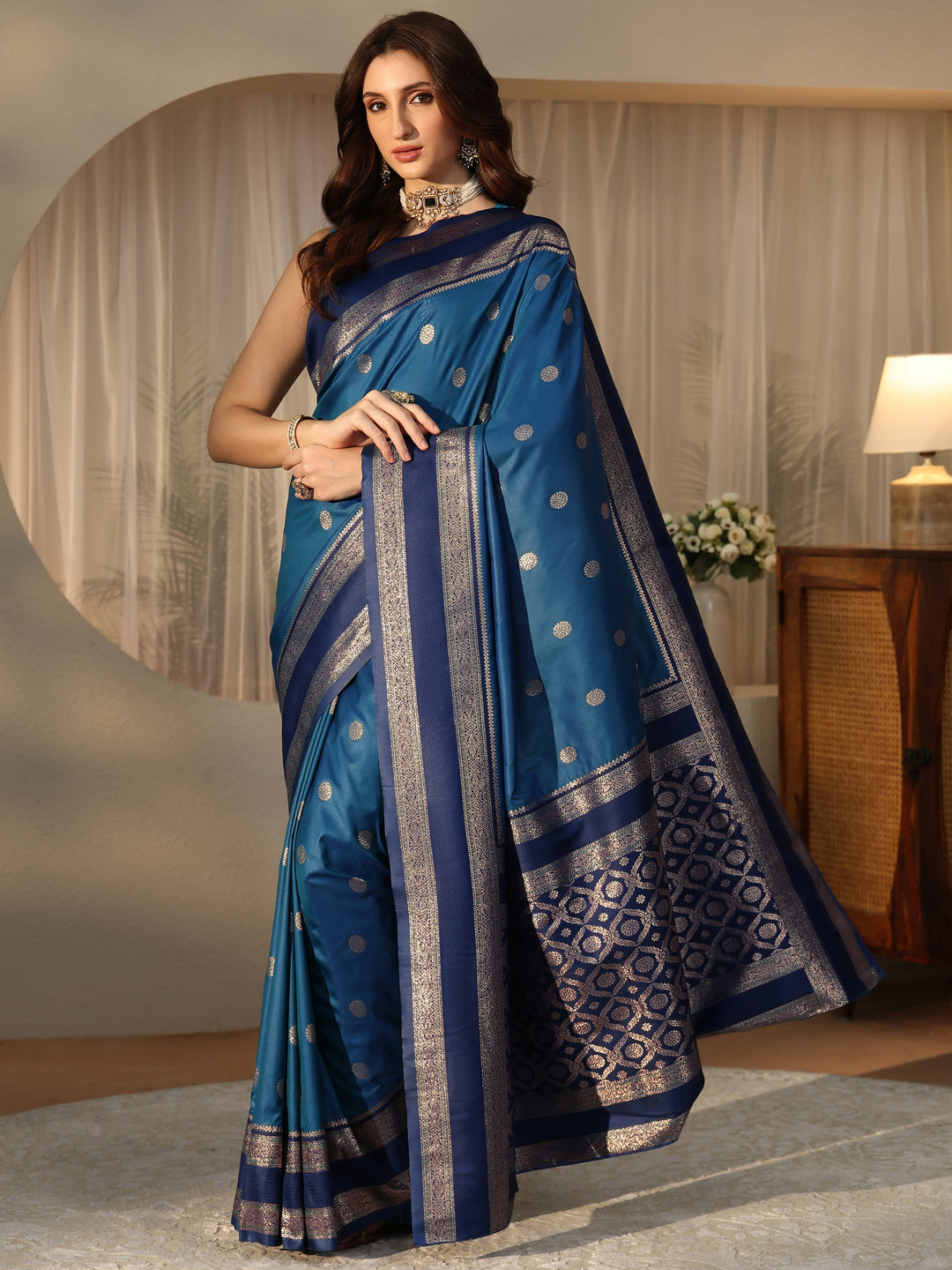 Libas Peacock Blue Ethnic Woven Design Silk Blend Saree