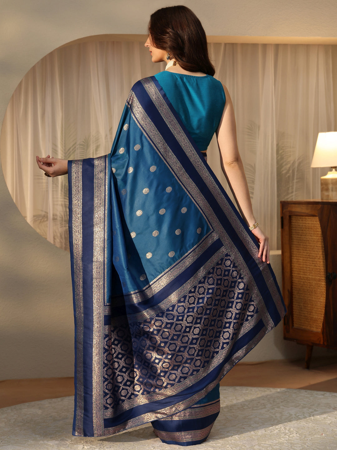 Libas Peacock Blue Ethnic Woven Design Silk Blend Saree
