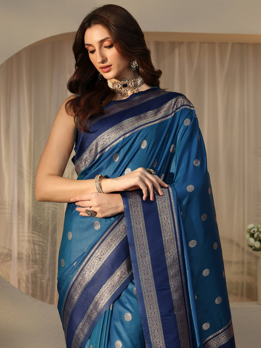 Libas Peacock Blue Ethnic Woven Design Silk Blend Saree