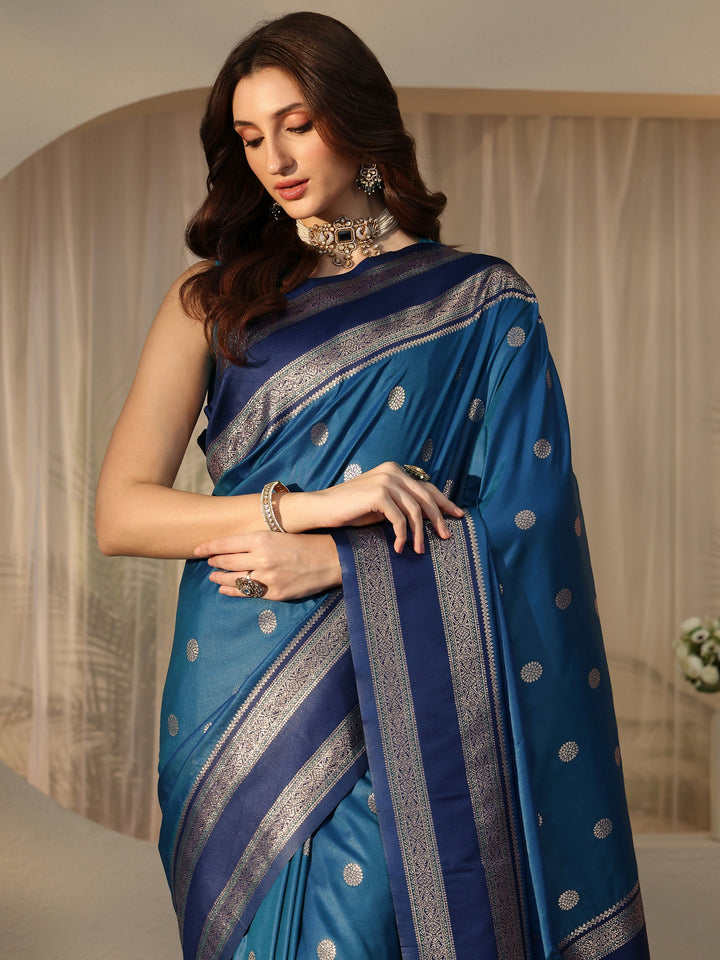 Libas Peacock Blue Ethnic Woven Design Silk Blend Saree