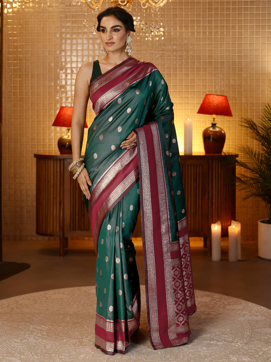 Libas Bottle Green Banarasi Silk Blend Saree