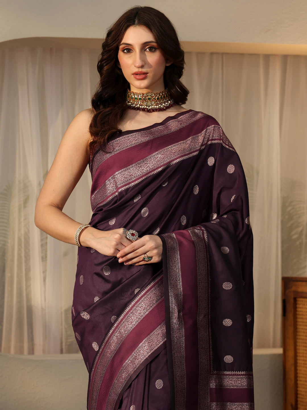 Libas Burgundy Kanjeevaram Silk Blend Saree