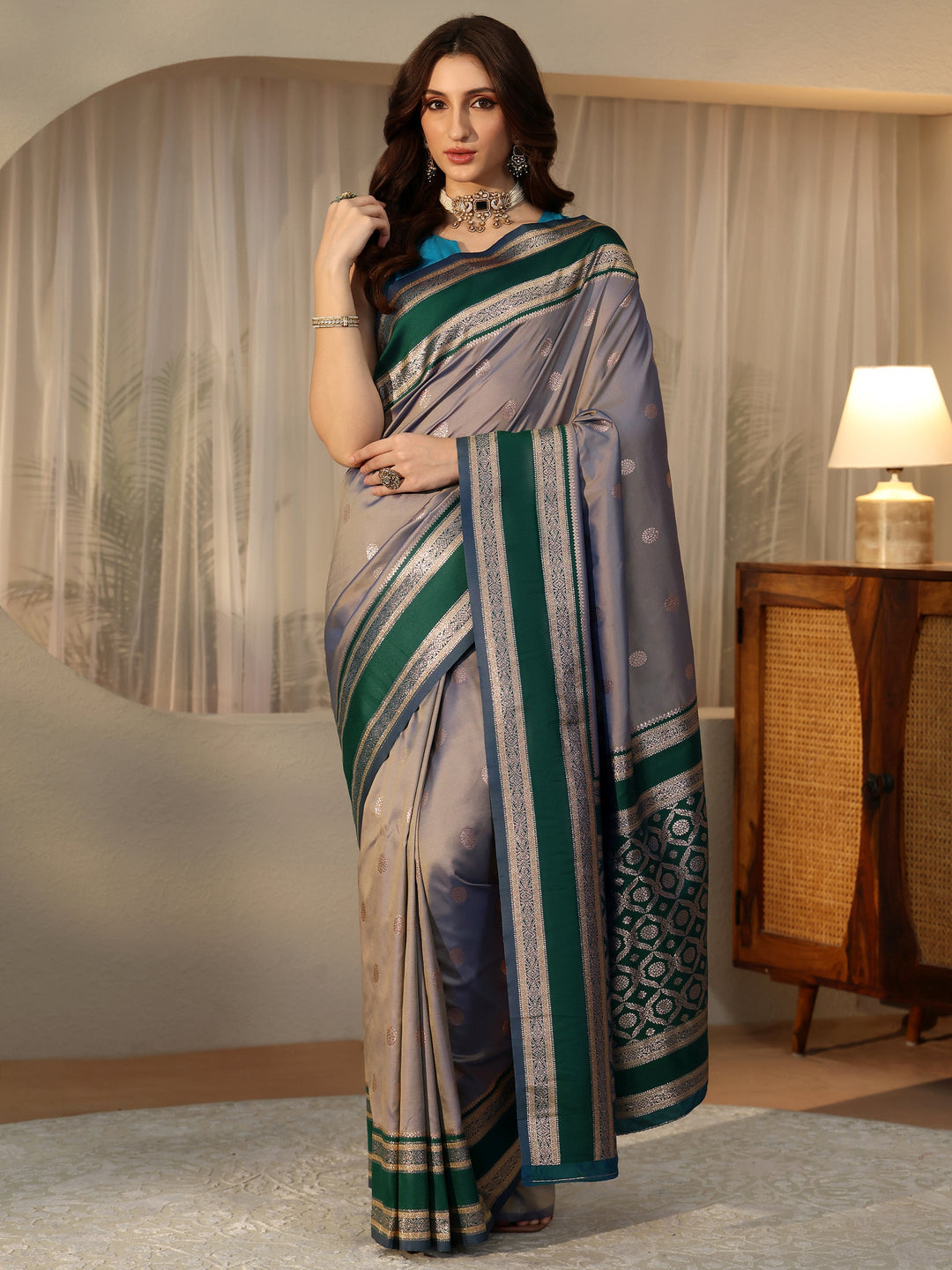 Libas Grey Kanjeevaram Silk Blend Saree