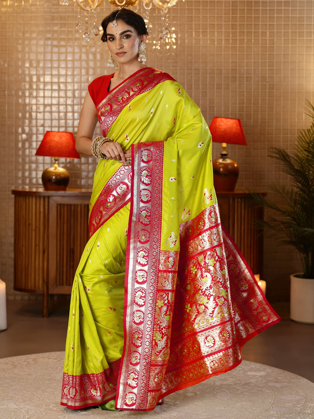 Libas Lime Green Banarasi Silk Blend Saree