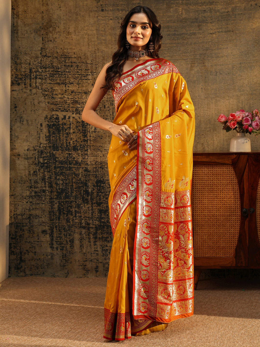 Libas Mustard Floral Woven Silk Blend Saree