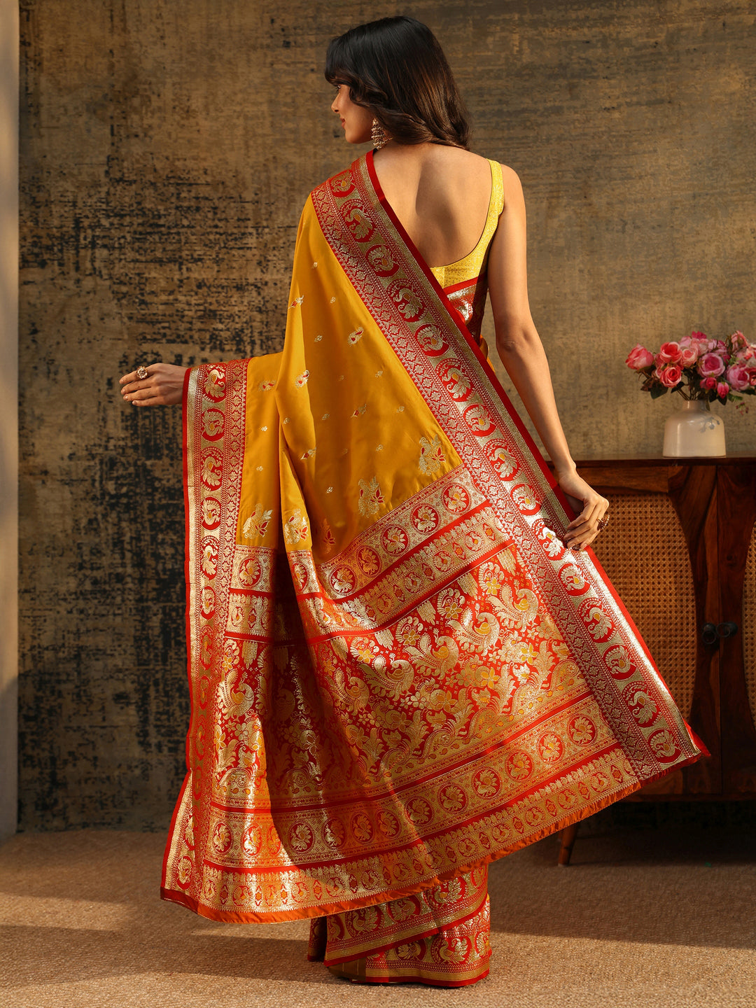 Libas Mustard Floral Woven Silk Blend Saree