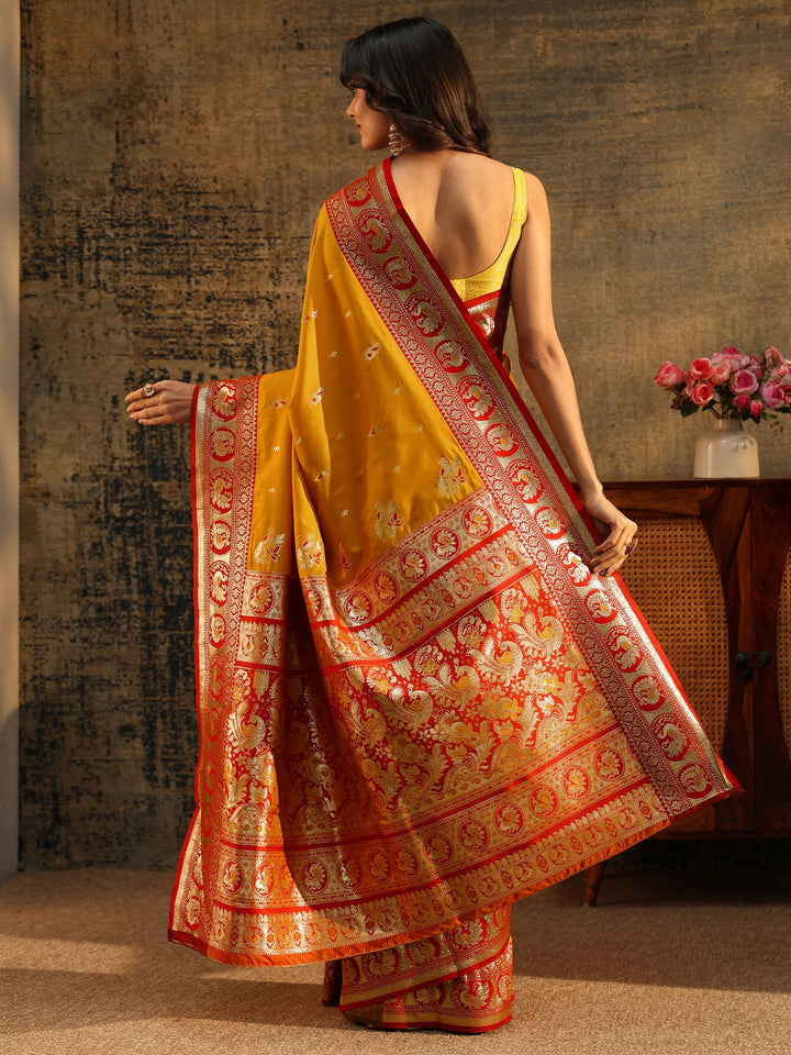 Libas Mustard Floral Woven Silk Blend Saree