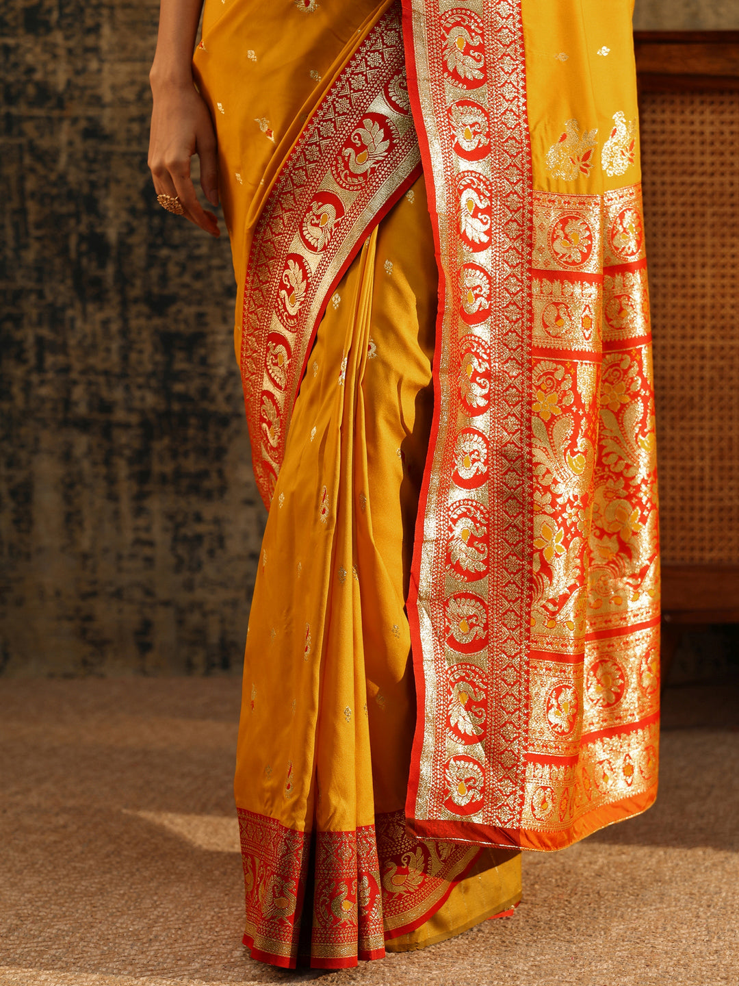 Libas Mustard Floral Woven Silk Blend Saree