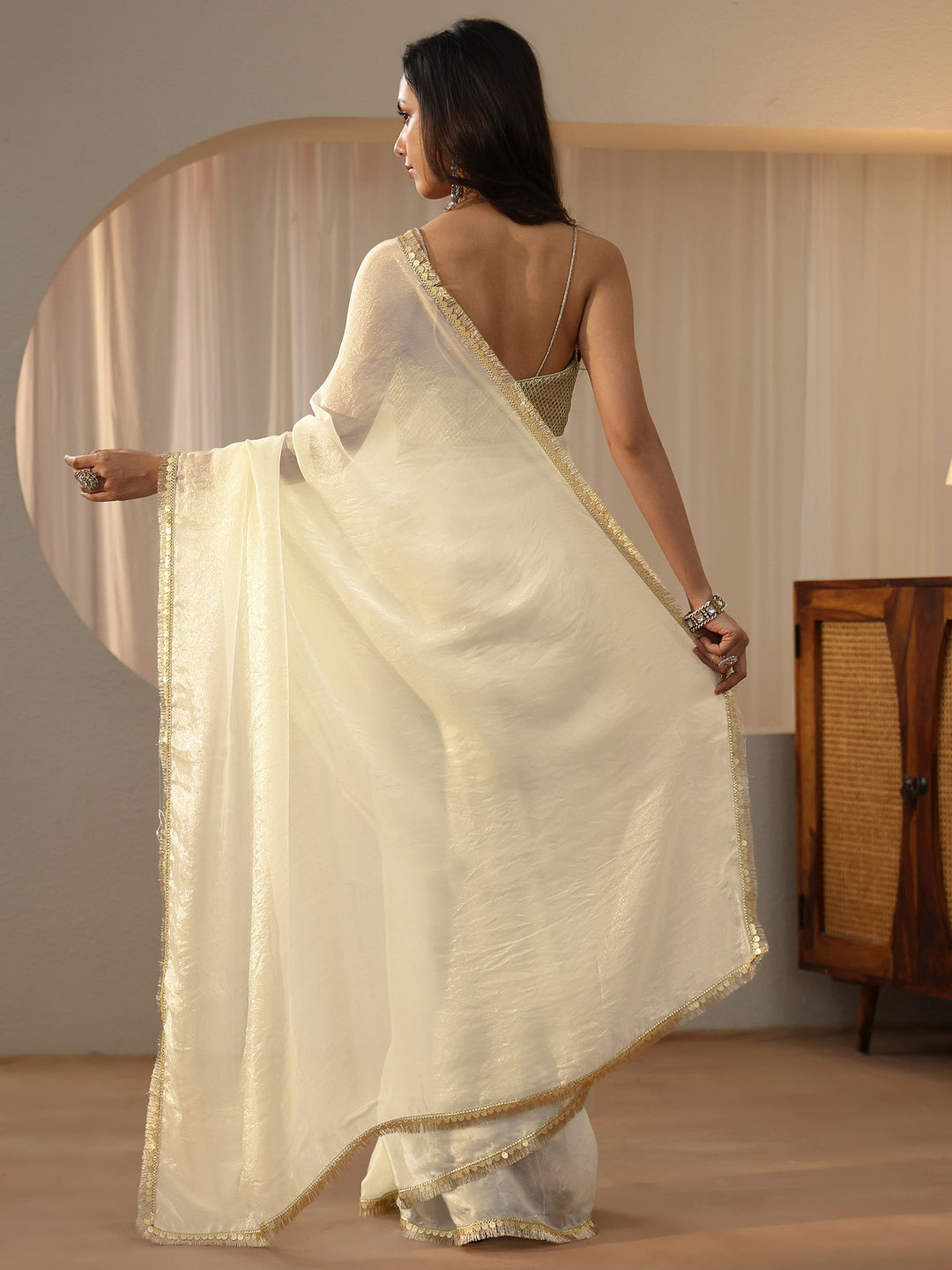 Libas Cream Silk Blend Saree