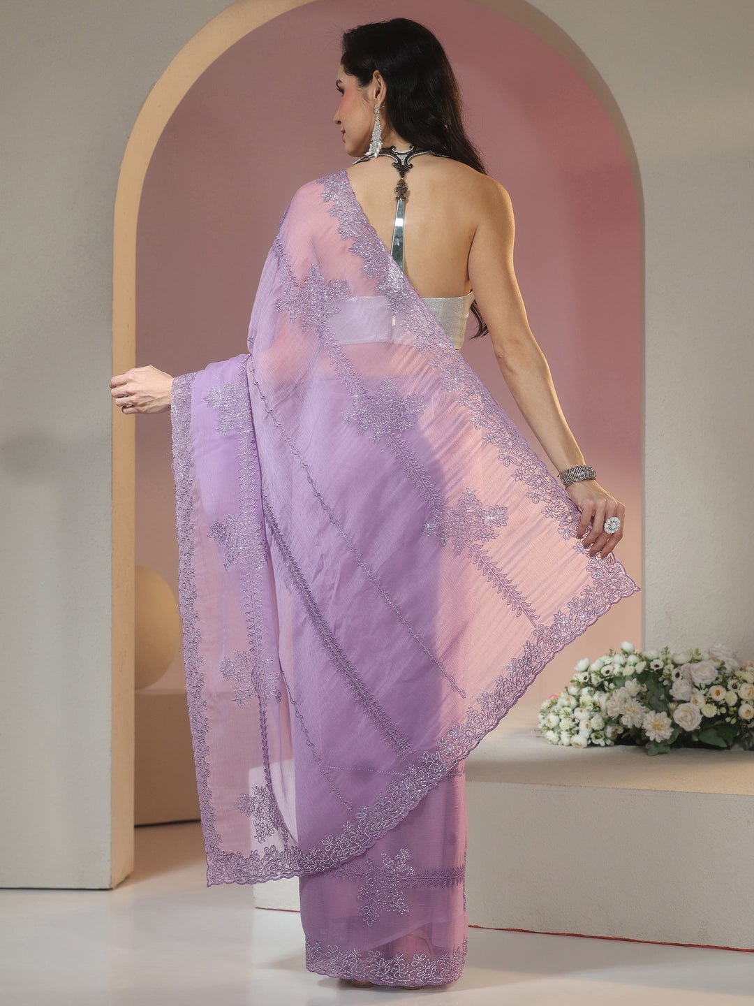 Libas Lavender Floral Embellished Silk Blend Saree